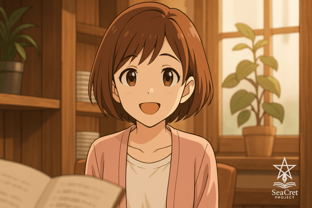 セルシェードのアニメ調で描かれた、短い茶色の髪と温かみのある茶色い瞳を持つ若い女性「みなも」。白いブラウスに淡いピンクのカーディガンを着て、カフェのテーブル越しに明るく微笑んでいる。背景には木製の棚、観葉植物、柔らかな光の差し込む窓があり、温かく居心地の良い雰囲気を演出している。