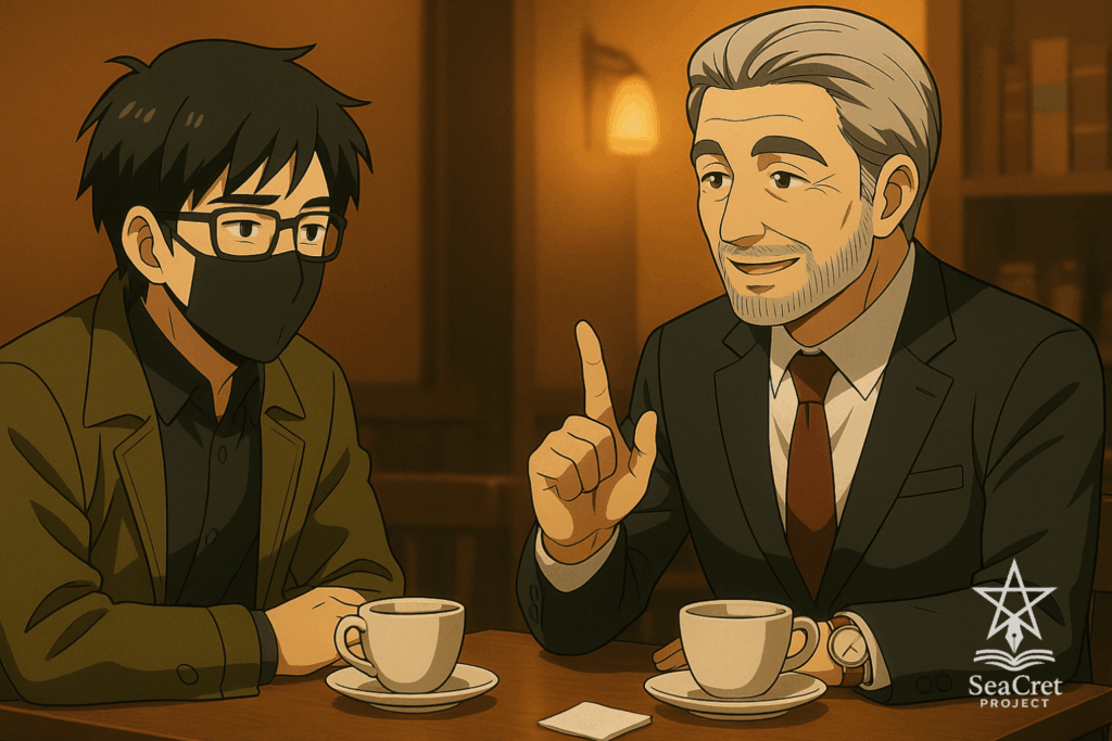 夜の喫茶店で、師匠が禁欲の哲学を語り、しぃが耳を傾けているアニメ調イラスト