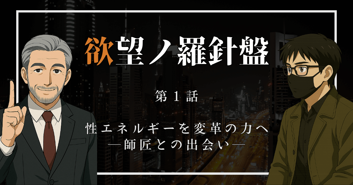欲望ノ羅針盤 第1話のアイキャッチ画像。師匠としぃが夜景を背景に向かい合い、性エネルギーを変革の力にする物語の始まりを描く。